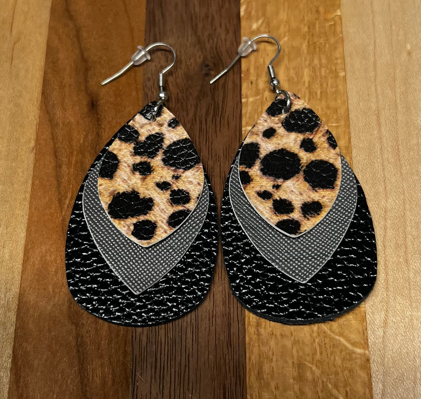 Black Leopard Tiered Leather Earrings